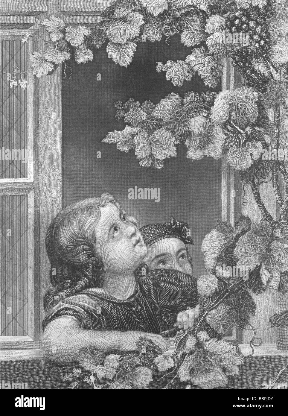 Vintage illustration de deux enfants regardant par la fenêtre Banque D'Images