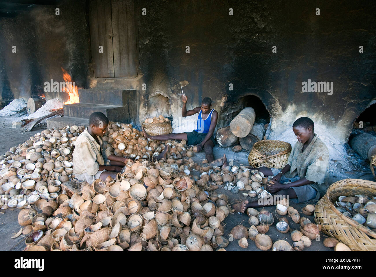 Les garçons déposer la viande séchée appelée coprah à partir de la coque de noix de coco Quelimane Mozambique Banque D'Images