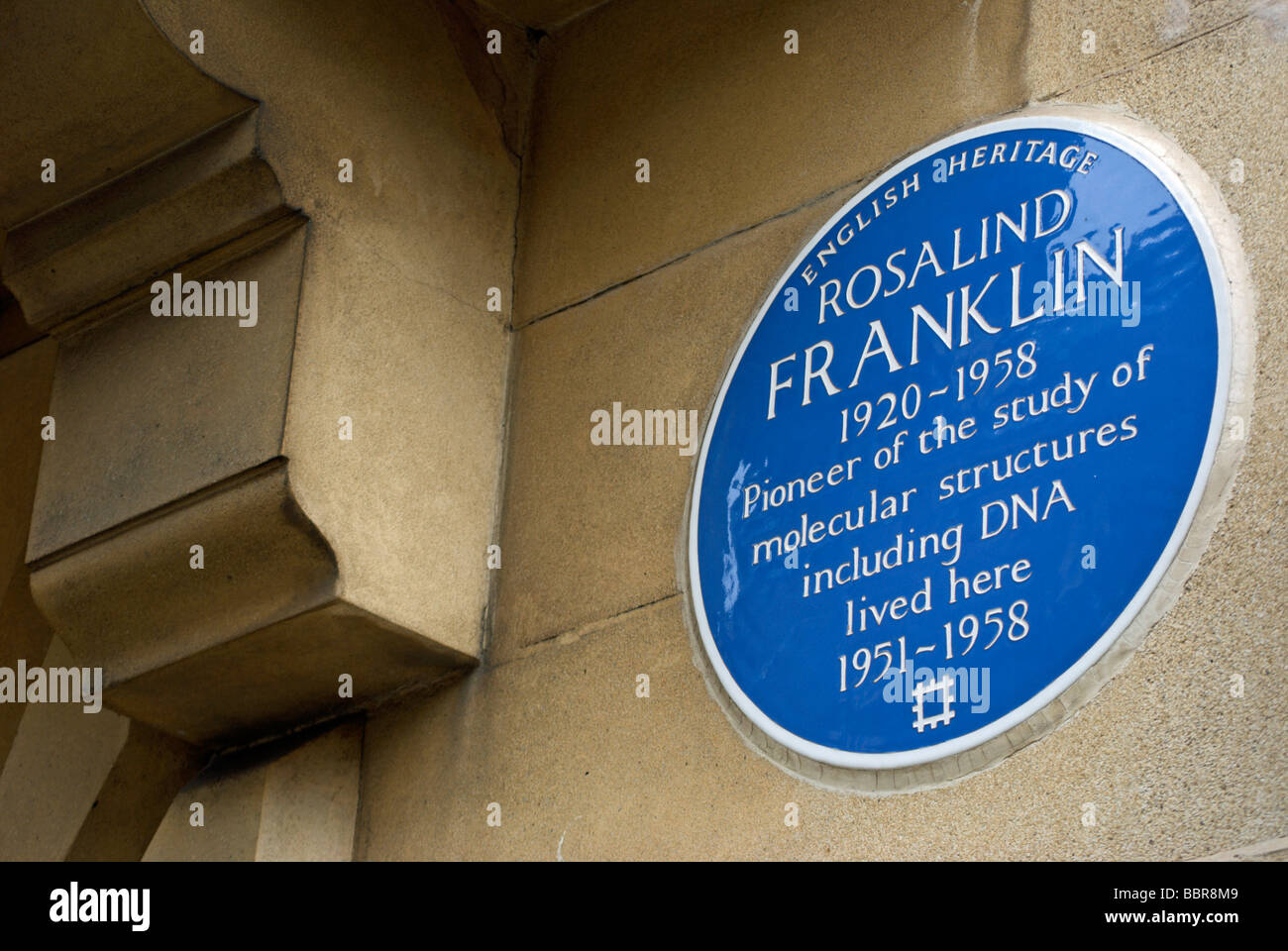 plaque bleue du patrimoine anglais marquant une ancienne maison de scientifique pionnier rosalind franklin, notée pour son travail sur l'adn, kensington, londres, angleterre Banque D'Images
