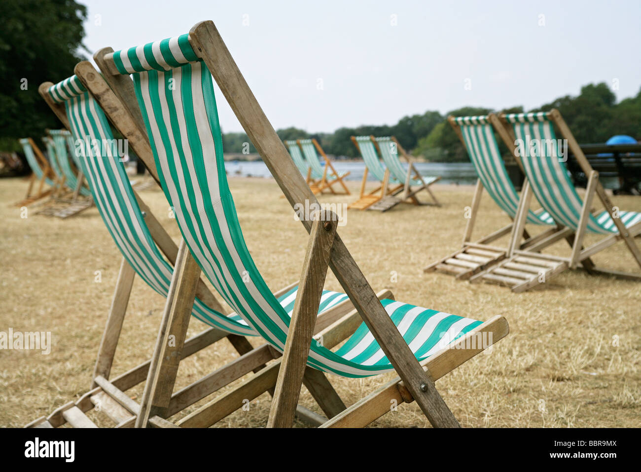 Chaises vides dans le parc à l'herbe brune desséchée par un lac dans l'heure d'été Banque D'Images