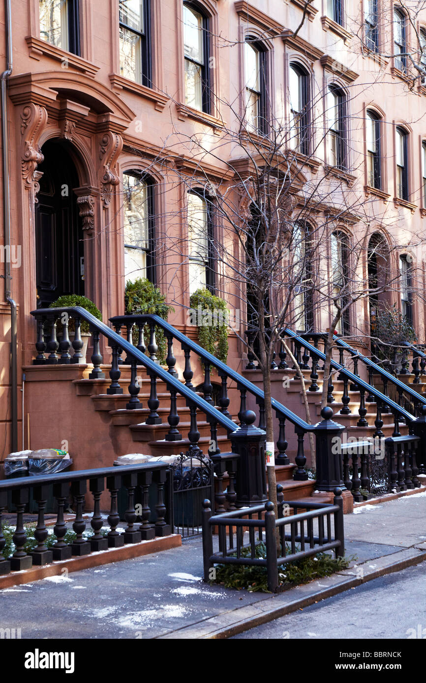 Stoop, maisons maisons brownstone, New York Banque D'Images