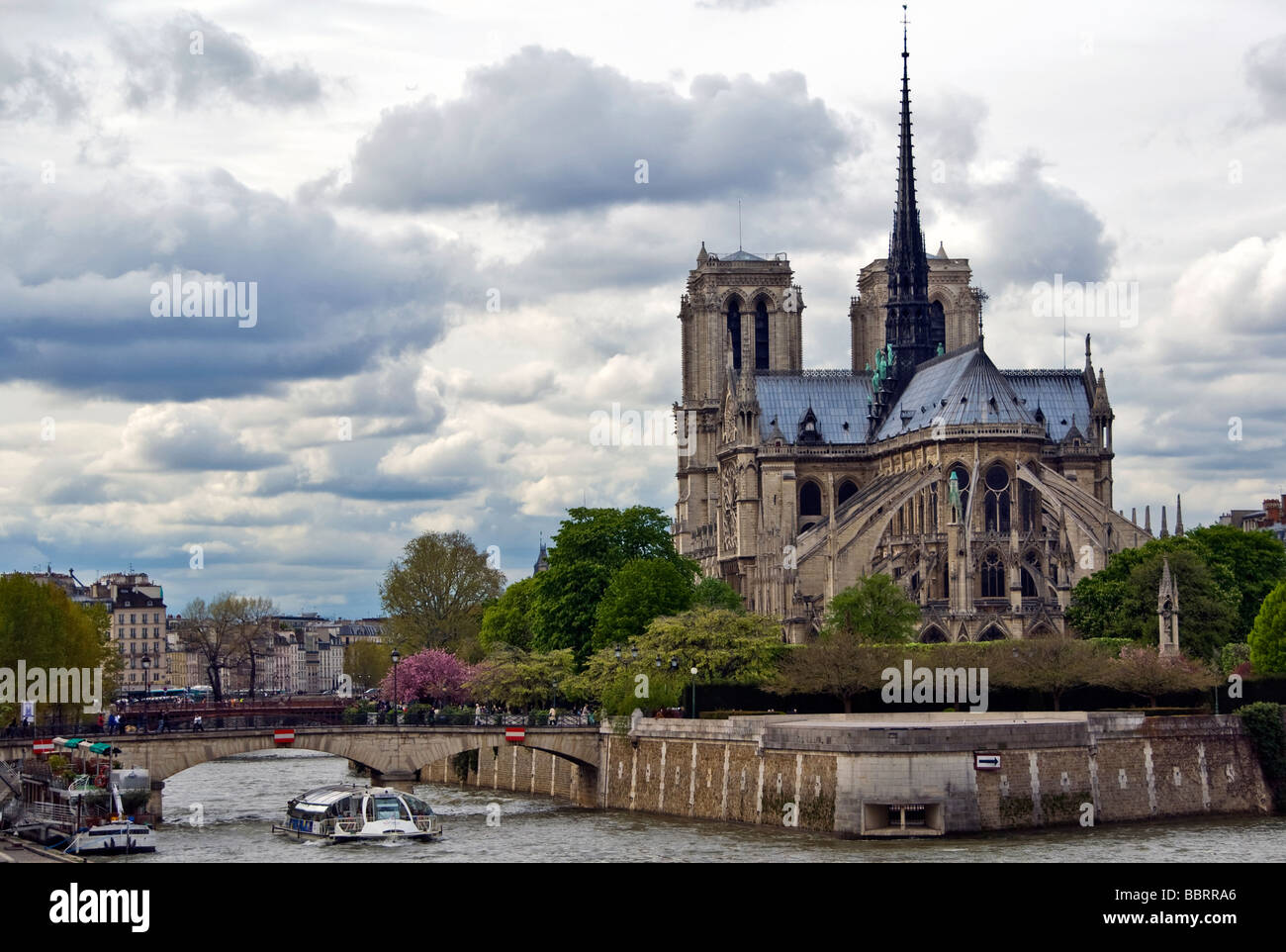 France Paris Notre Dame cathédrale gothique de l'église catholique de l'eau Seine arbres ciel couvert nuageux navire floraison de l'île Banque D'Images