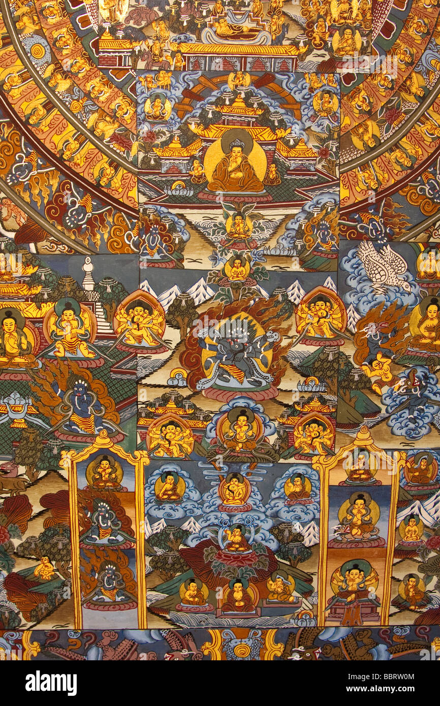 Katmandou, Népal. Un Thangka tibétain traditionnel, un mandala bouddhiste la peinture. Banque D'Images