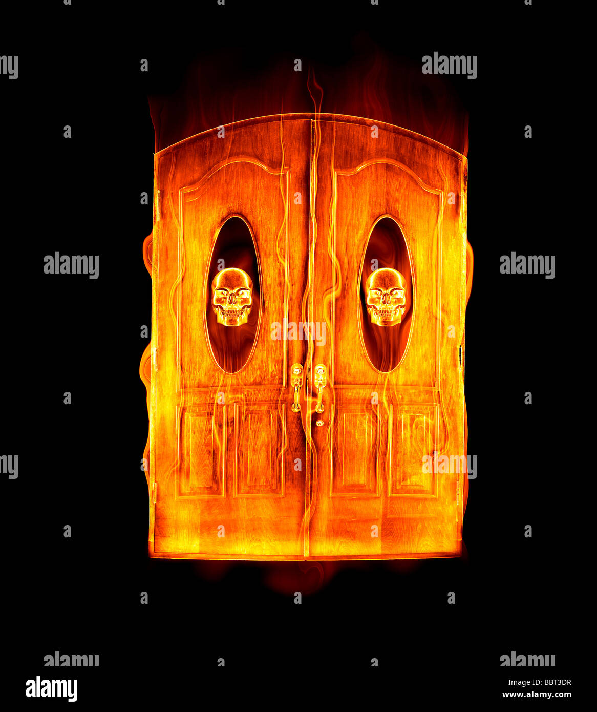 Grande image de la porte à l'enfer en flammes avec motif crâne Banque D'Images