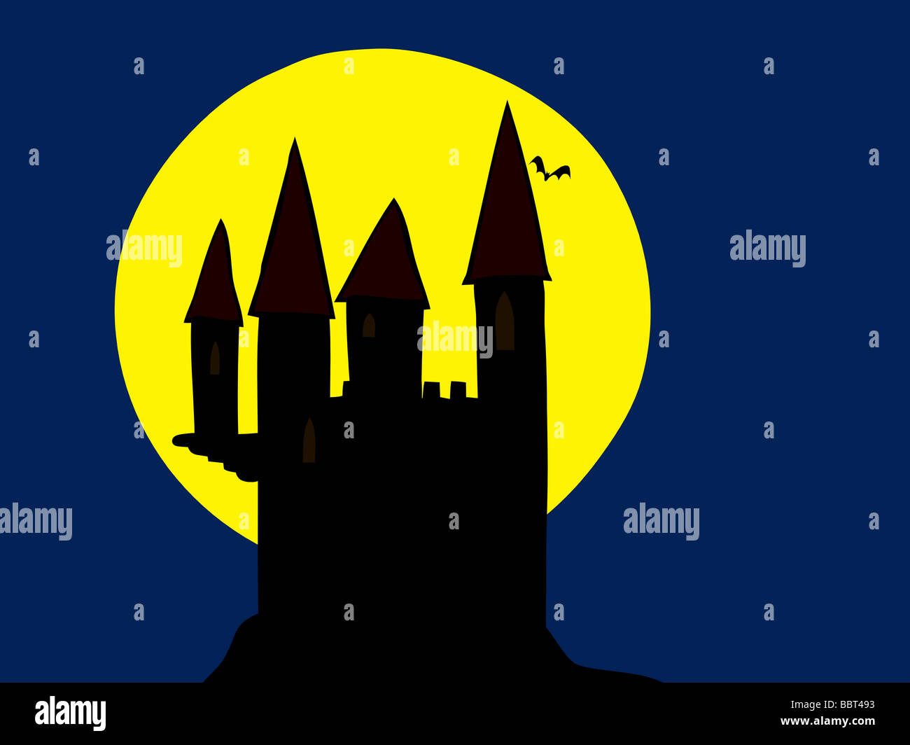 Illustration de l'ancien château hanté dans le clair de lune Banque D'Images