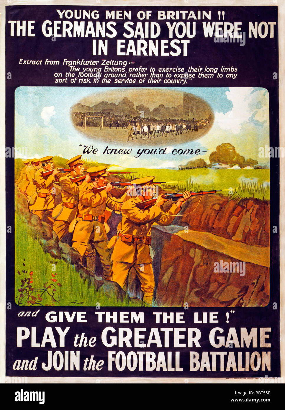 Jouer le jeu plus affiche de recrutement 1915 à l'aide de la propagande allemande d'appel pour les footballeurs et supporters britanniques Banque D'Images