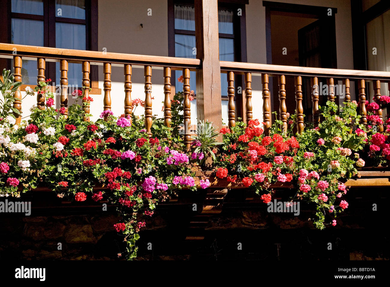 Balcon avec des fleurs d'une maison rurale dans le village de Mogrovejo Shire de Picos de Europa Liebana Cantabria Espagne Banque D'Images