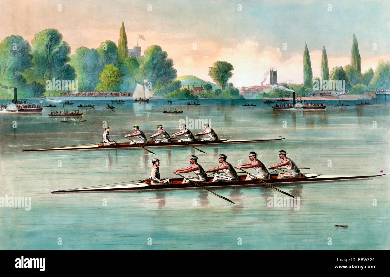 Le grand international university boat race sur la Tamise (Angleterre) le 27 août 1869 Banque D'Images