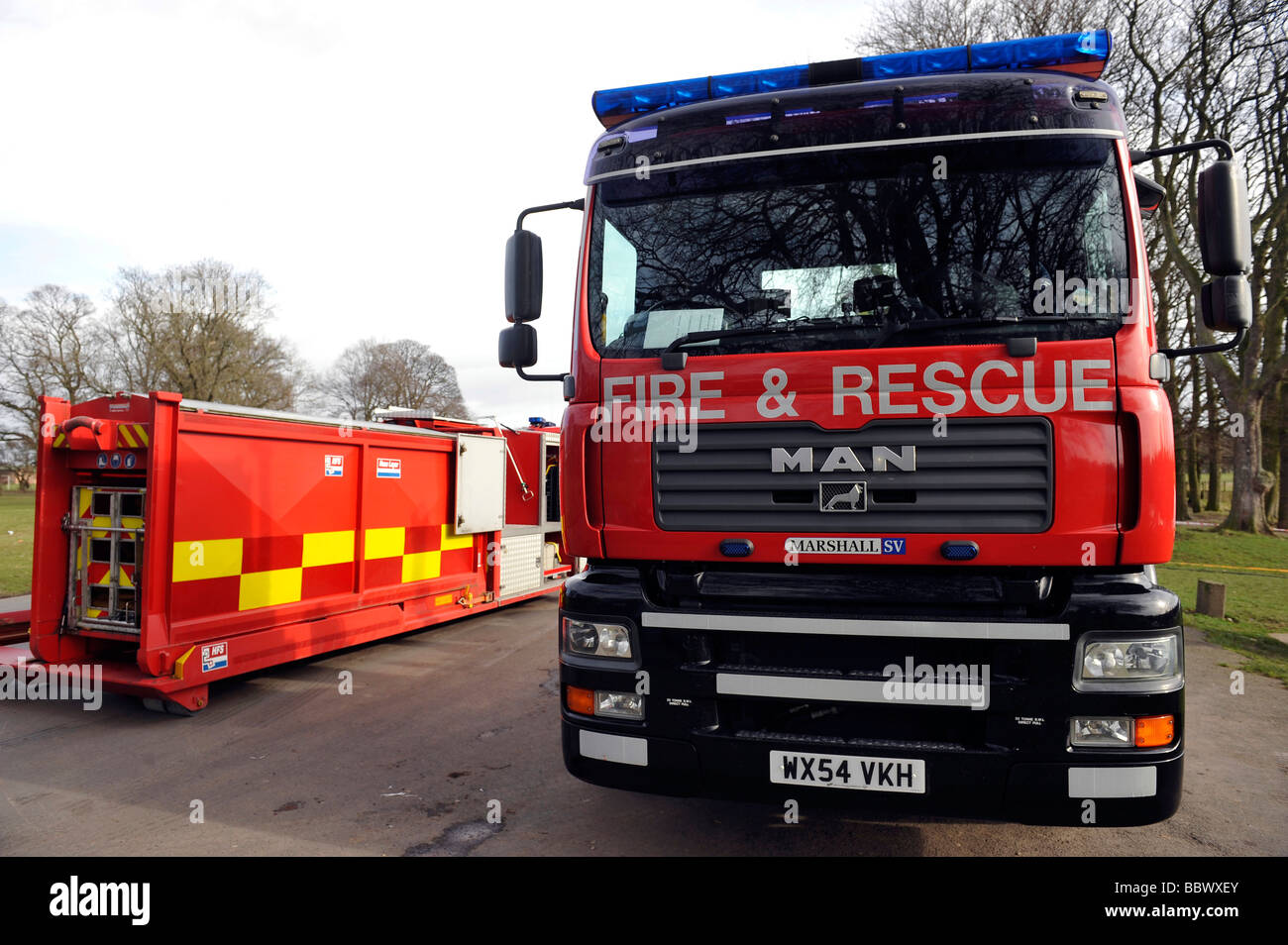 Cumbria Fire and Rescue Service pompe grand volume camion MAN avec corps démontable Banque D'Images