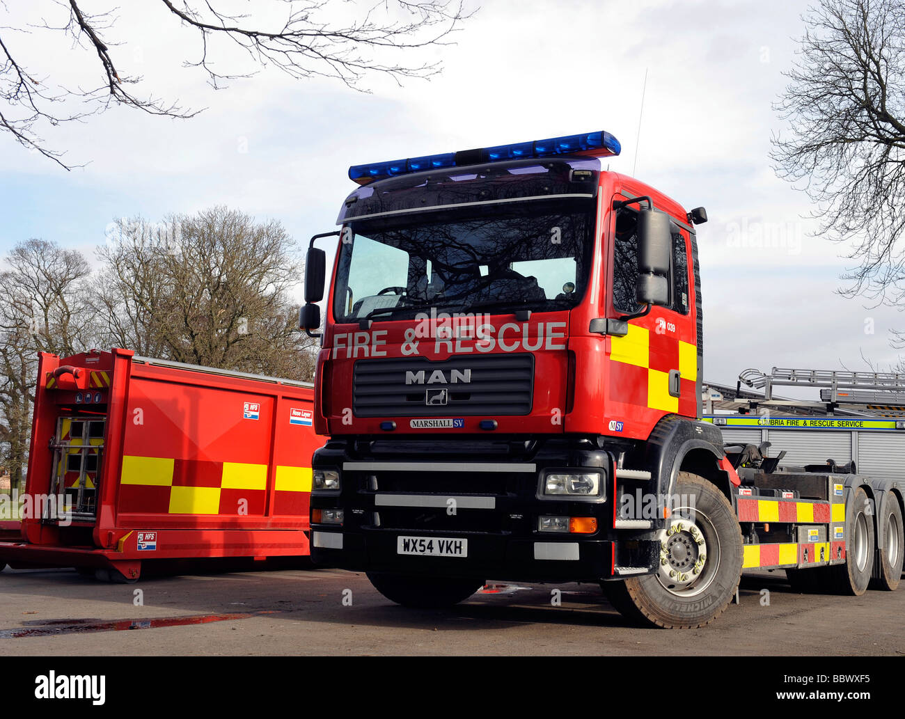 Cumbria Fire and Rescue Service pompe grand volume camion MAN avec corps démontable Banque D'Images