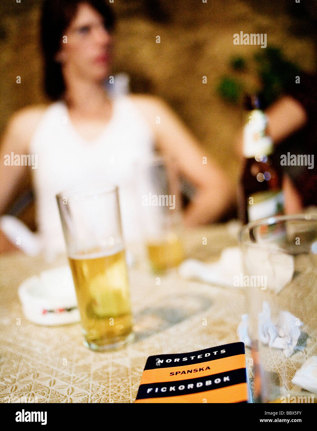 Verres de bière et d'un dictionnaire de l'Espagne. Banque D'Images