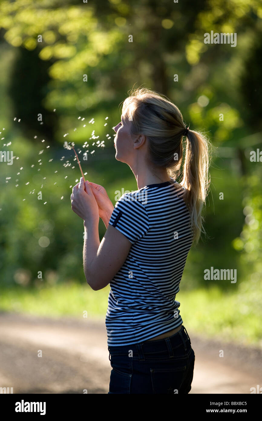 Un girl blowing dandelion seed en Suède. Banque D'Images