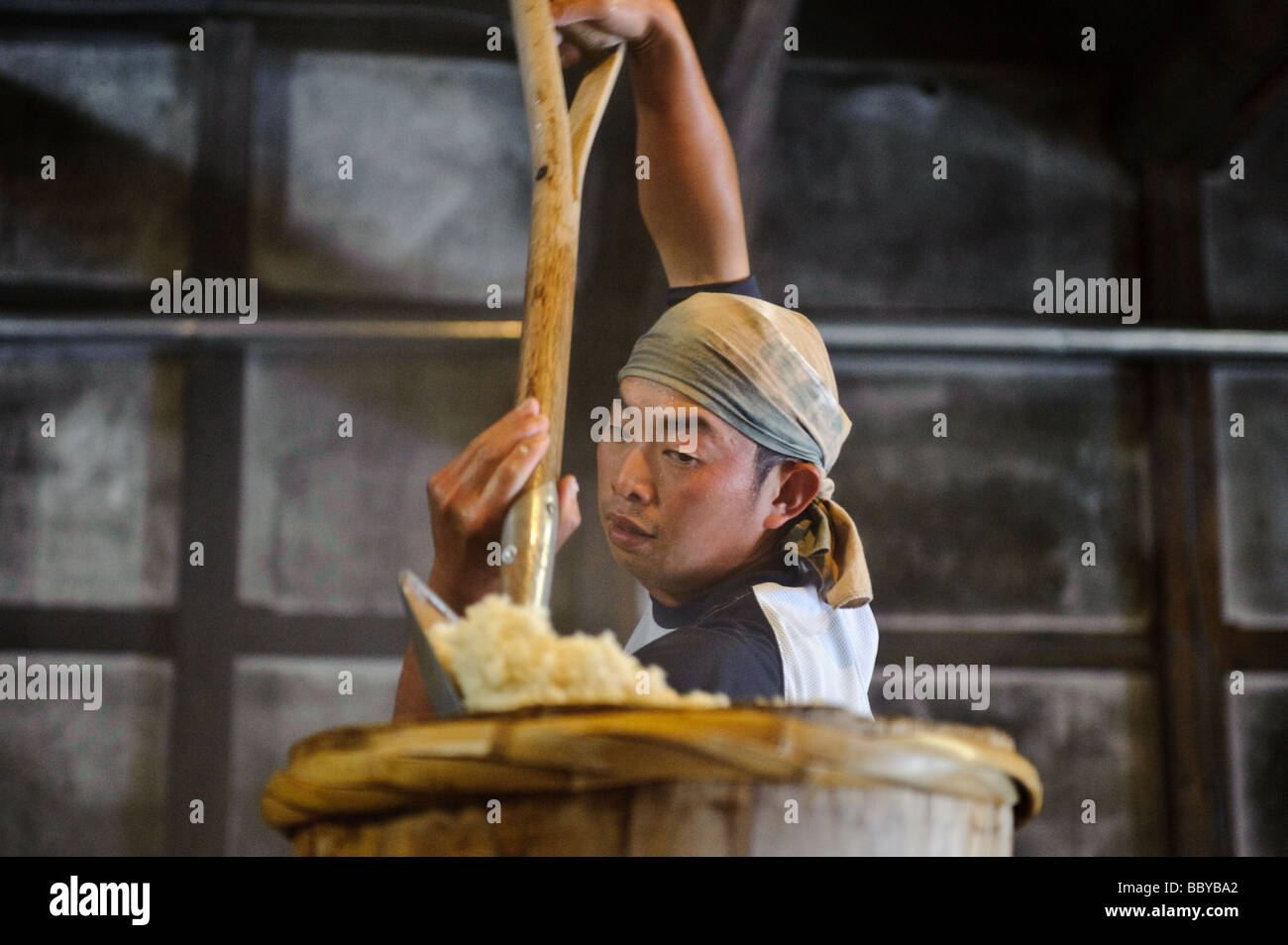 Un travailleur à la pelle du riz vapeur dans un remous de Terada Honke nom brasserie, Kozaki, Chiba, Japon, le 15 juin 2009. Banque D'Images