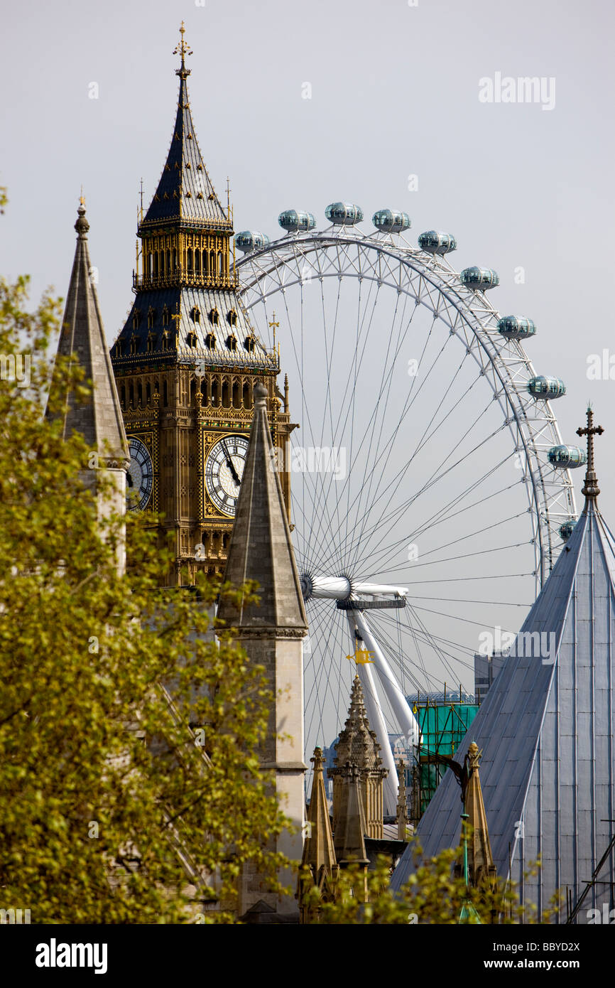 London England UK Big Ben Ferris roue du millénaire de l'abbaye de Westminster portrait toit Skyline Banque D'Images
