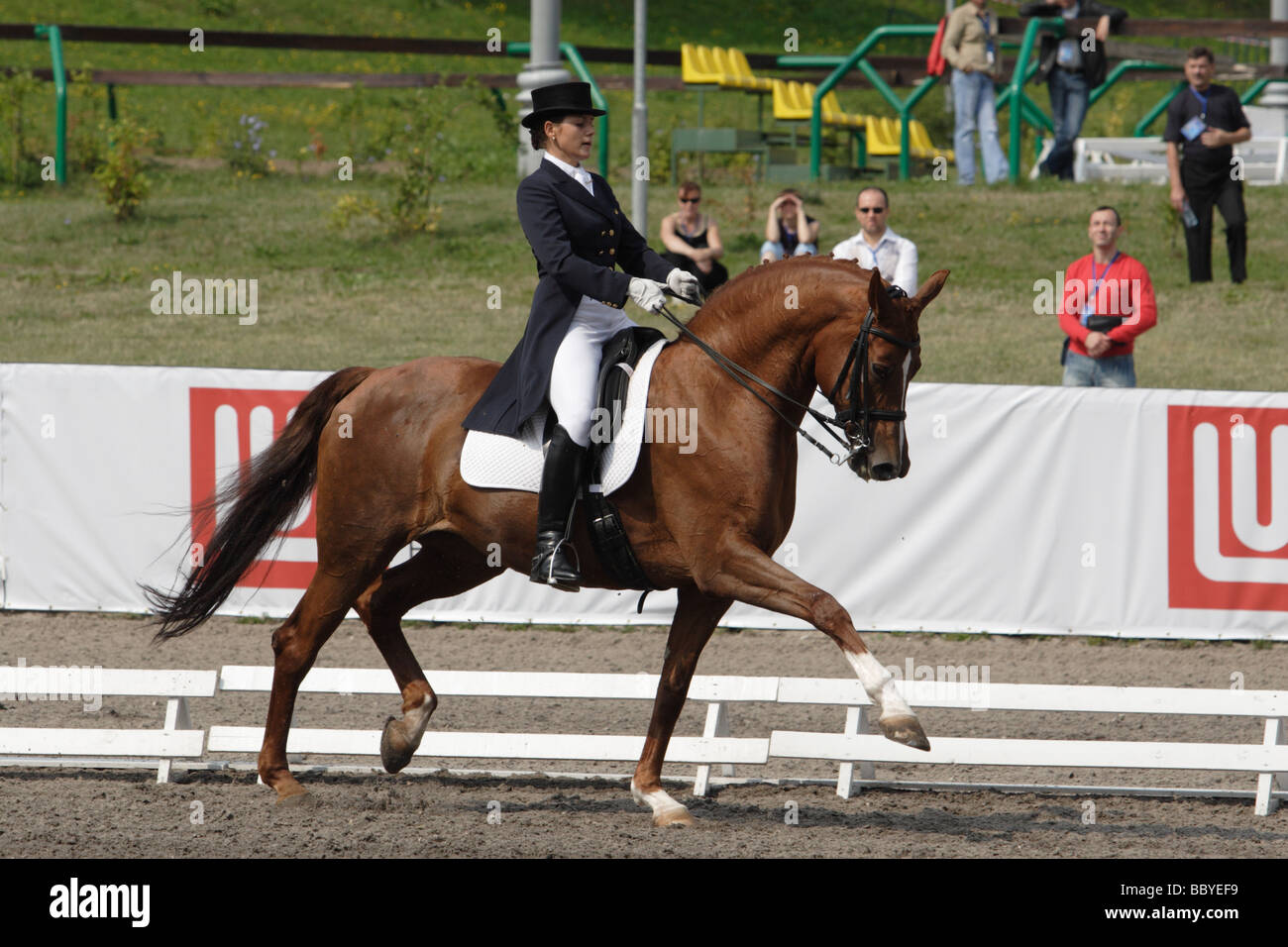 Les deux coureurs sont en compétition dans l'anneau de dressage Banque D'Images
