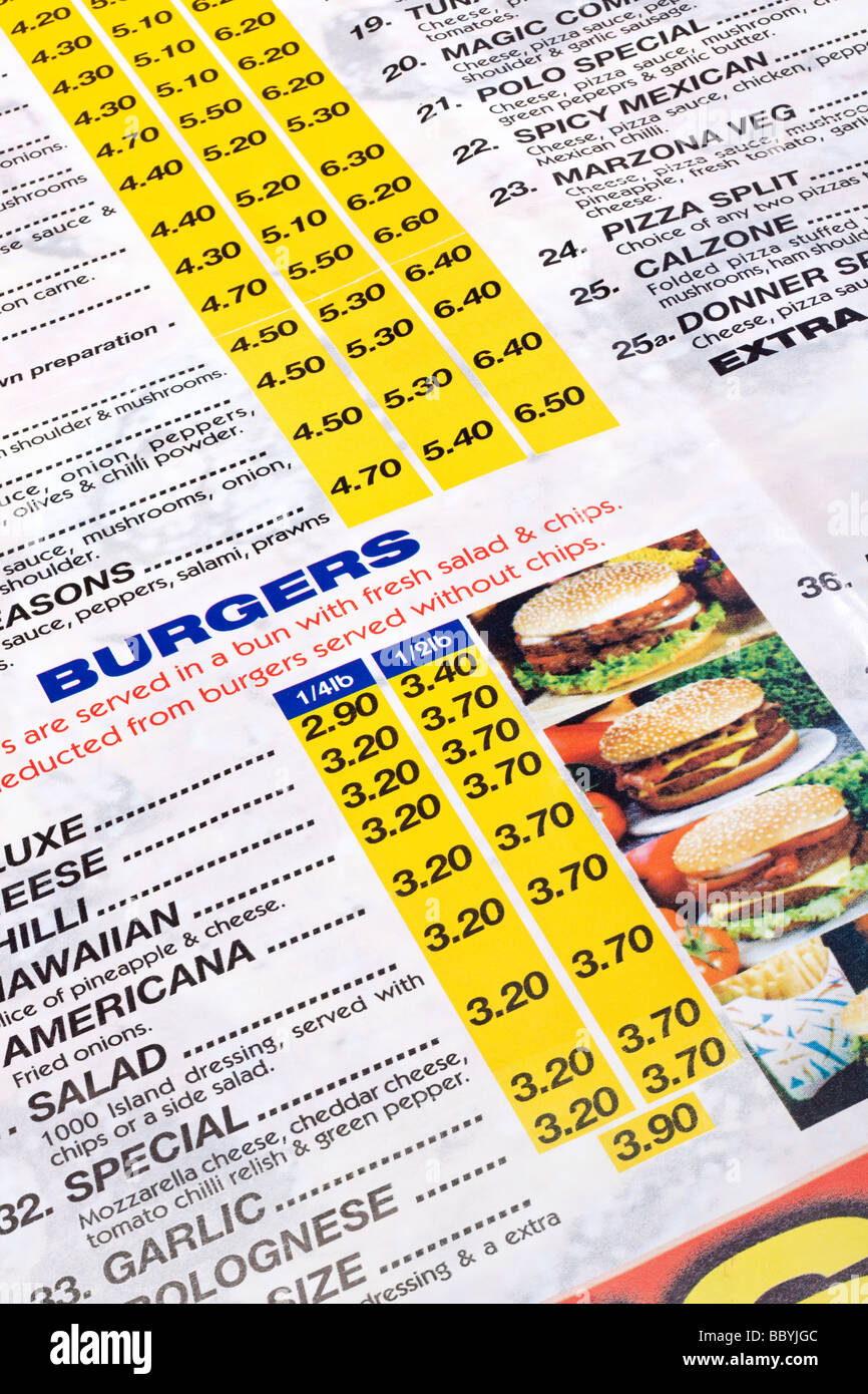 Gros plan d'une restauration rapide menu à emporter Banque D'Images