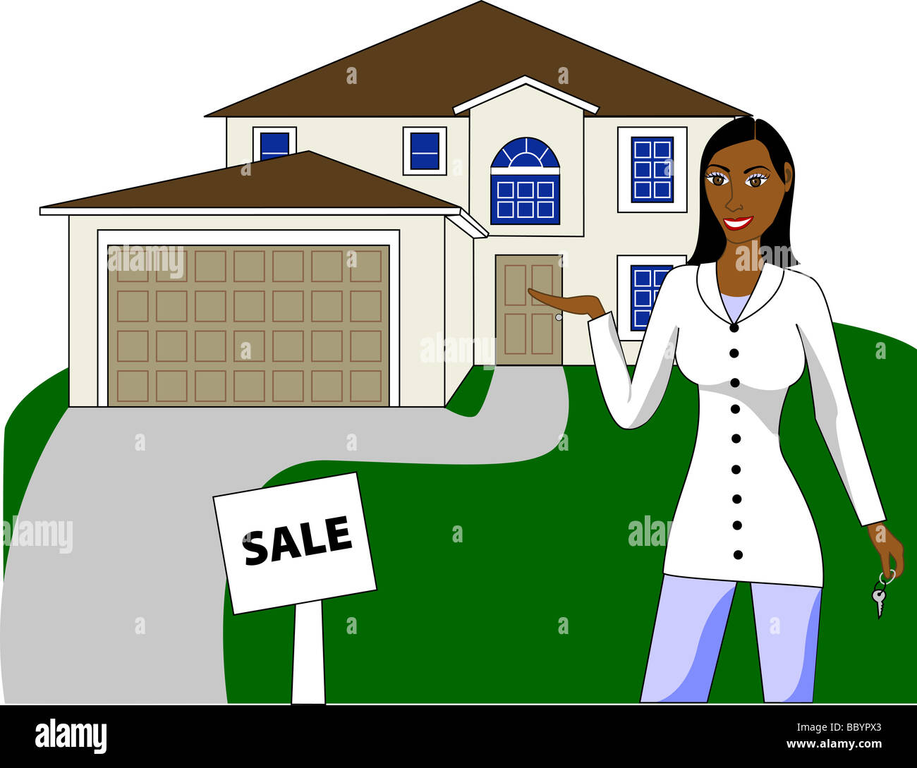 Un agent immobilier avec des clefs publicité une maison de deux étages à vendre. Vector Illustration. Banque D'Images