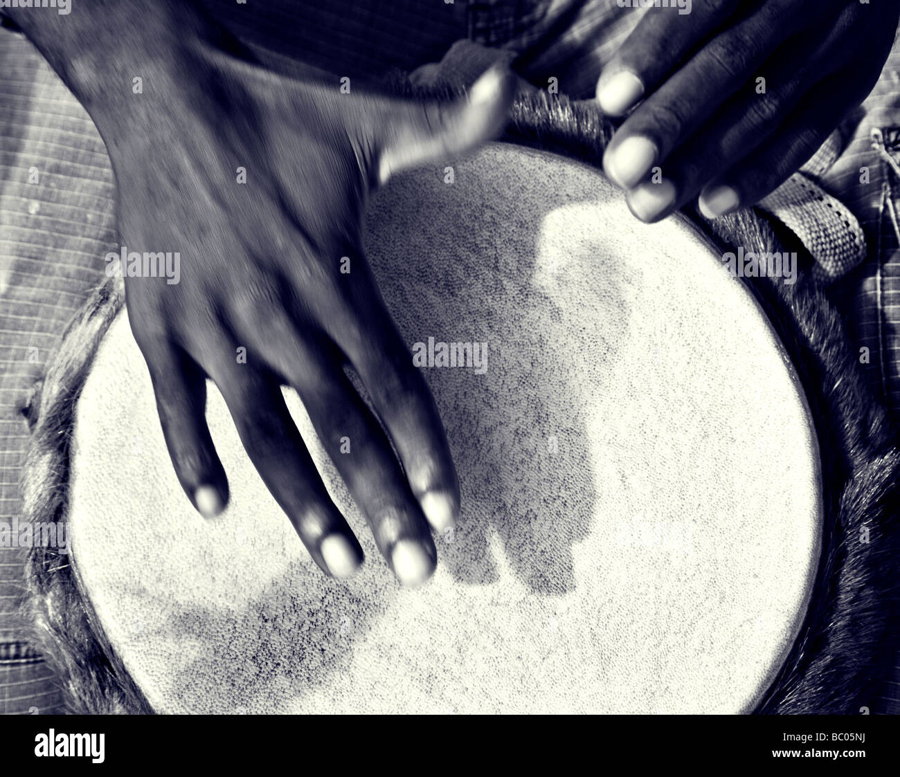 Un split-toned photo d'un gros plan d'un black man's hands de frapper un tambour. couleur d'origine à la version Alamy ref BC05N2 Banque D'Images