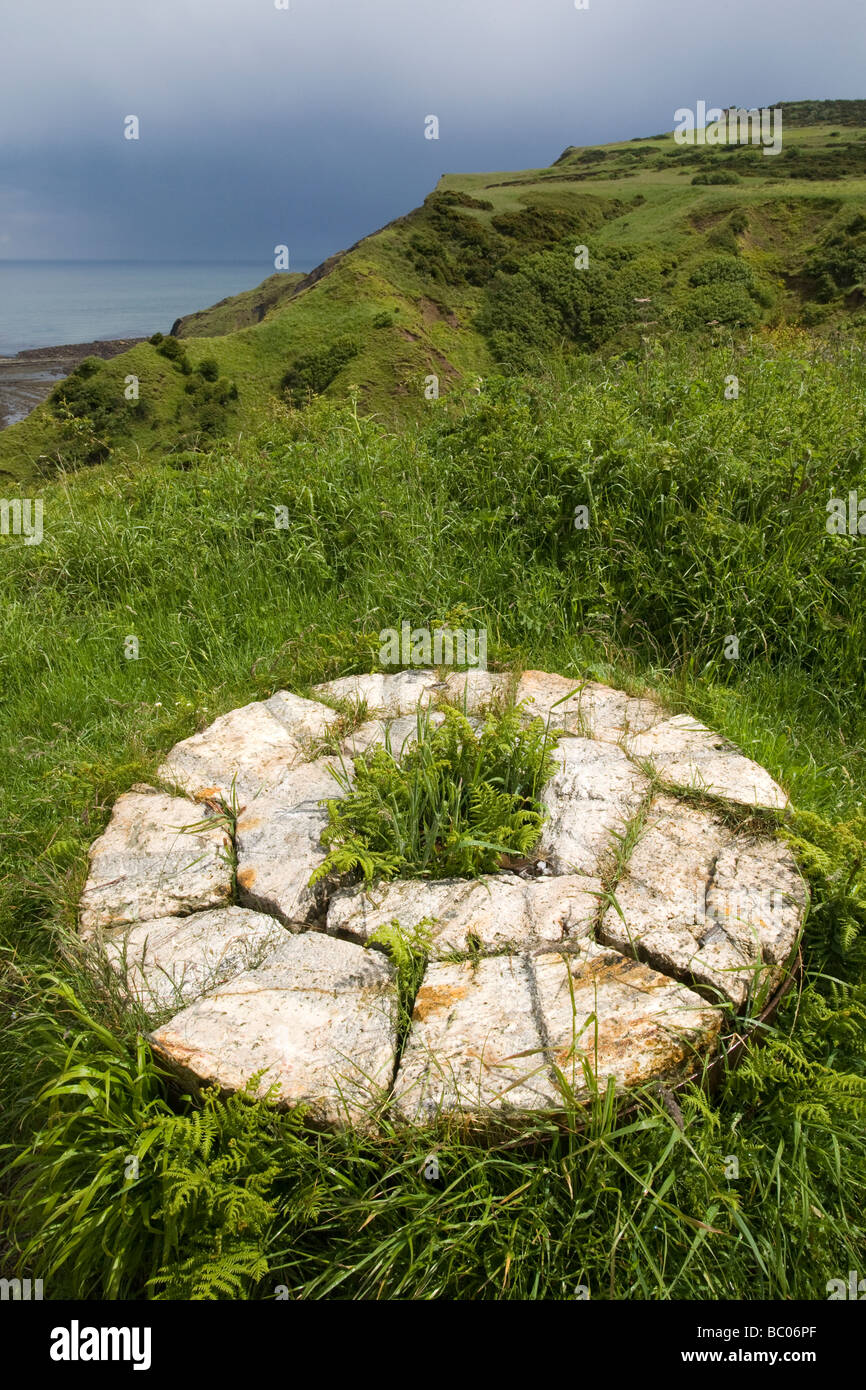 Restes d'une meule en pierre de la pointe de l'Alun fonctionne avec Cliff et dans la mer du Nord Yorkshire Angleterre distance Ravenscar Banque D'Images