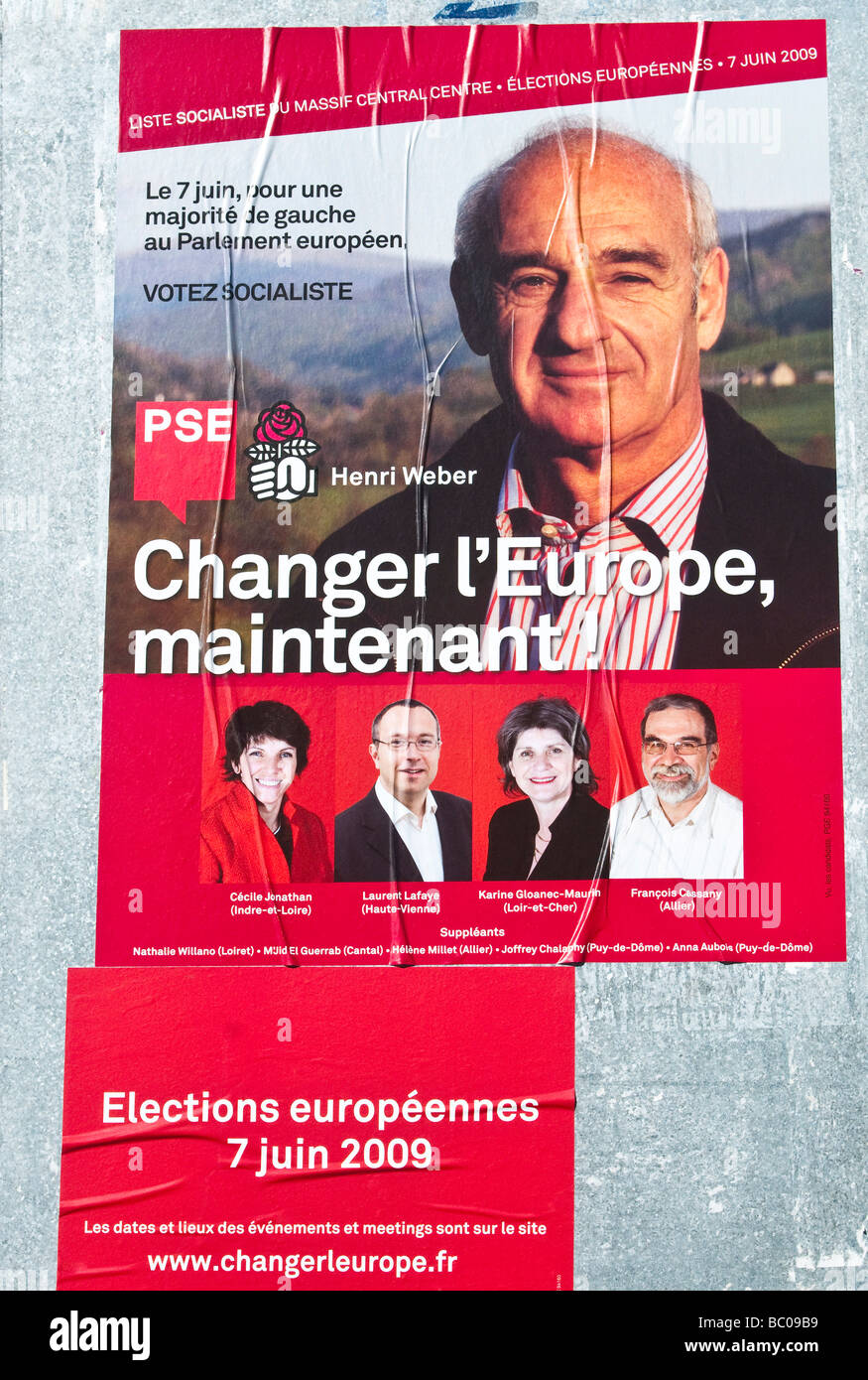 'Socialiste' (Parti Socialiste) pour l'affiche Elections du Parlement européen 2009 - Indre-et-Loire (centre), France. Banque D'Images