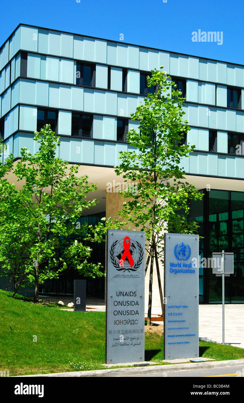 Siège de l'Organisation mondiale de la santé l'OMS et d'ONUSIDA Genève Suisse Banque D'Images