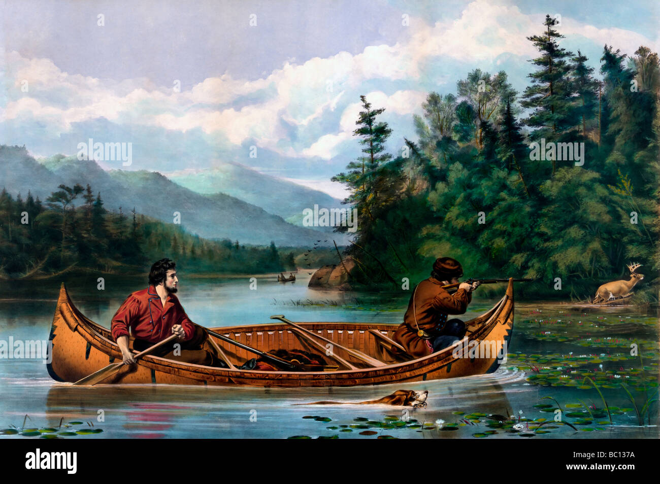 Scènes de chasse américain : "une bonne chance" - Deux chasseurs dans un canot aller après un cerf, circa 1863 Banque D'Images