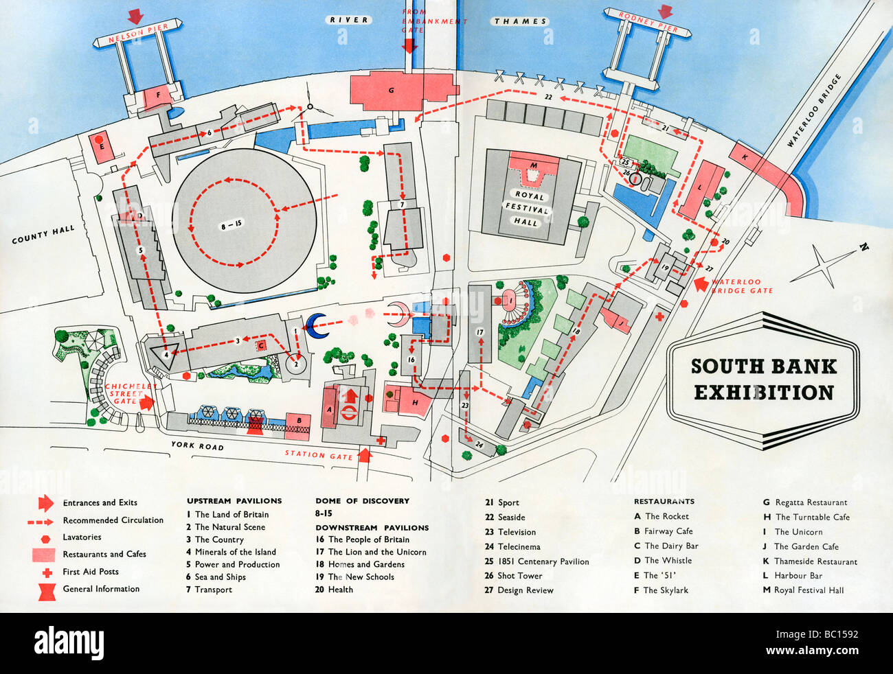 Au verso la carte dans le guide officiel d'adresses à la Festival de Grande-Bretagne 1951 Exposition de la Banque du Sud, Londres Banque D'Images