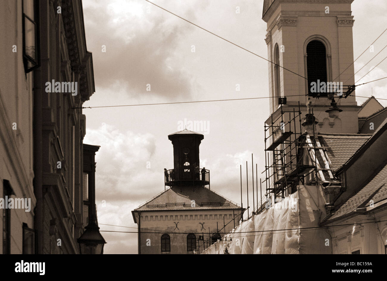 Sv. Ciril l'église et de l'Lotrcak Tower, la photographie monochrome, Zagreb, Croatie Banque D'Images