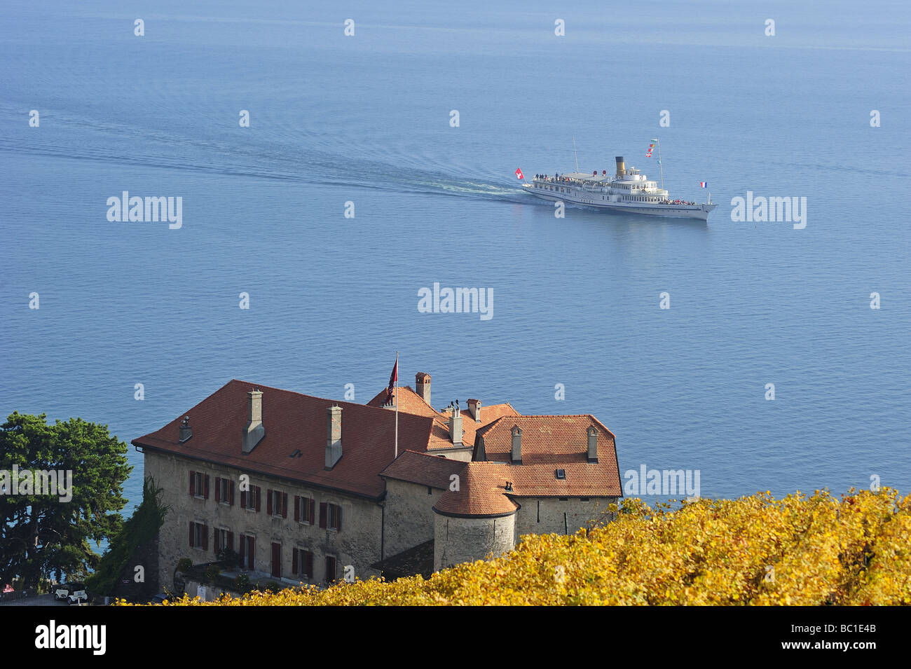 Le bateau à vapeur "Vevey Suisse' en passant un chateau et vignoble sur les bords du Lac Léman (Lac de Genève), en Suisse. Banque D'Images