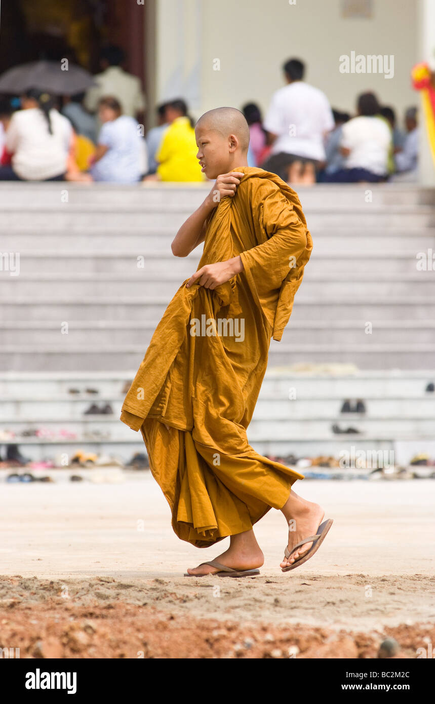 Jeune moine bouddhiste marche sur les jardins du temple Banque D'Images