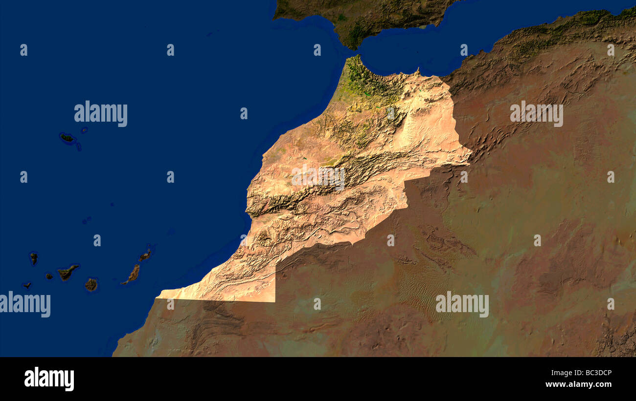 Image satellite du Maroc avec les pays voisins s'assombrit Banque D'Images