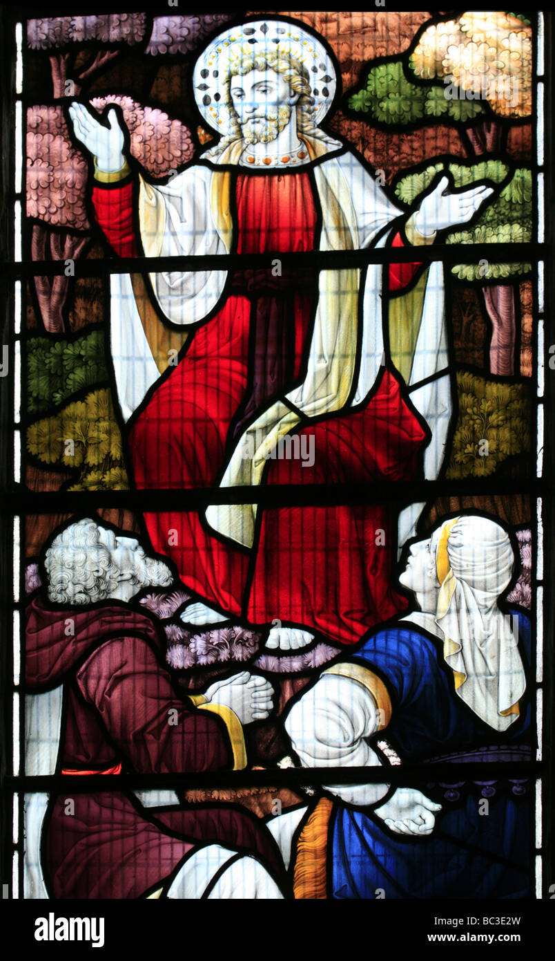 Vitrail représentant Jésus Christ prêchant à l'église du peuple de Sainte Marie la Vierge, Cropredy, Oxfordshire Banque D'Images