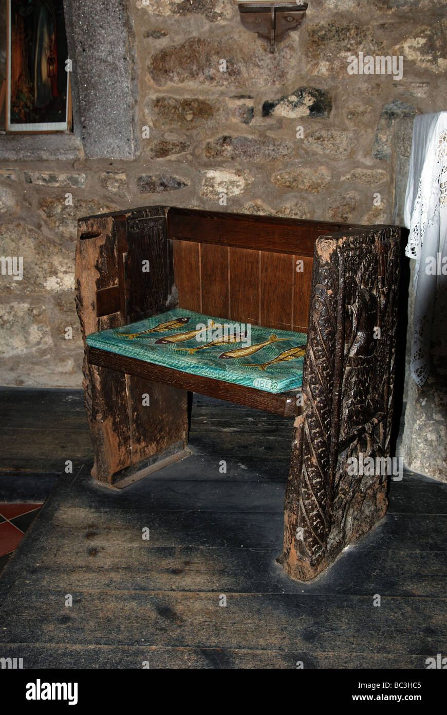 Le "Mermaid de zennor' chair dans l'église à zennor à Cornwall, uk Banque D'Images