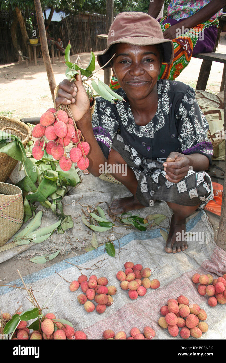 Femme de Madagascar Litchis vente sur son échoppe de marché Banque D'Images