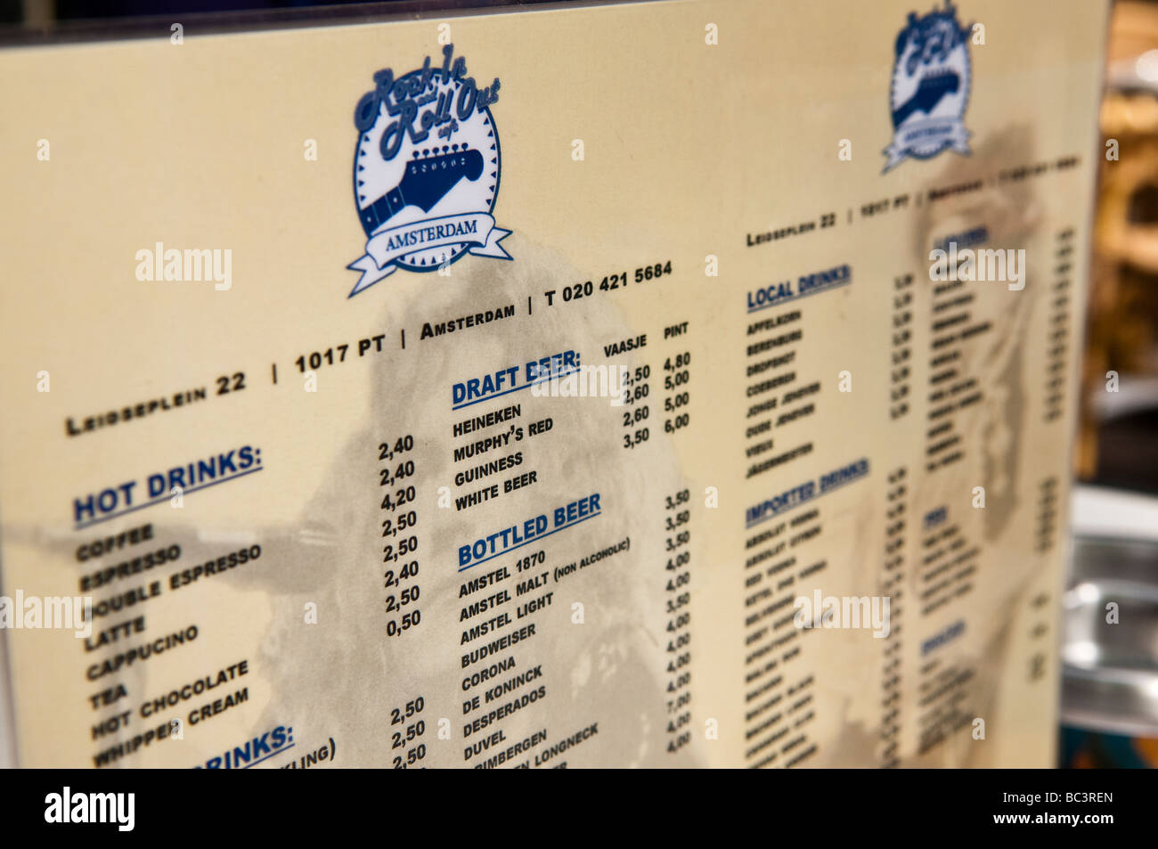 Carte des boissons dans un pub/restaurant à Amsterdam Banque D'Images