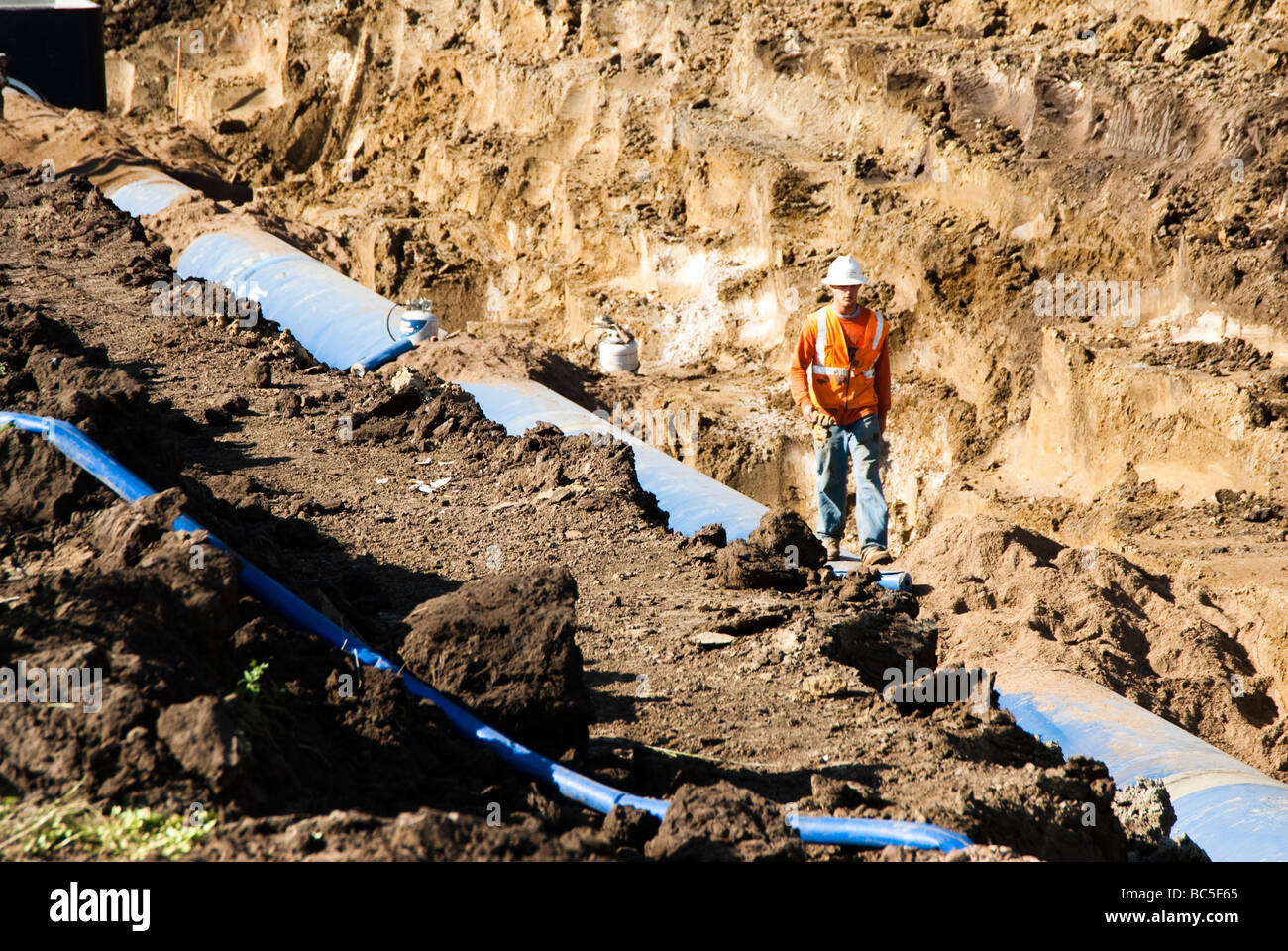 Tuyau d'eau mis à l'eau régional Louis Clark la construction de pipelines système site dans le Dakota du Sud Banque D'Images