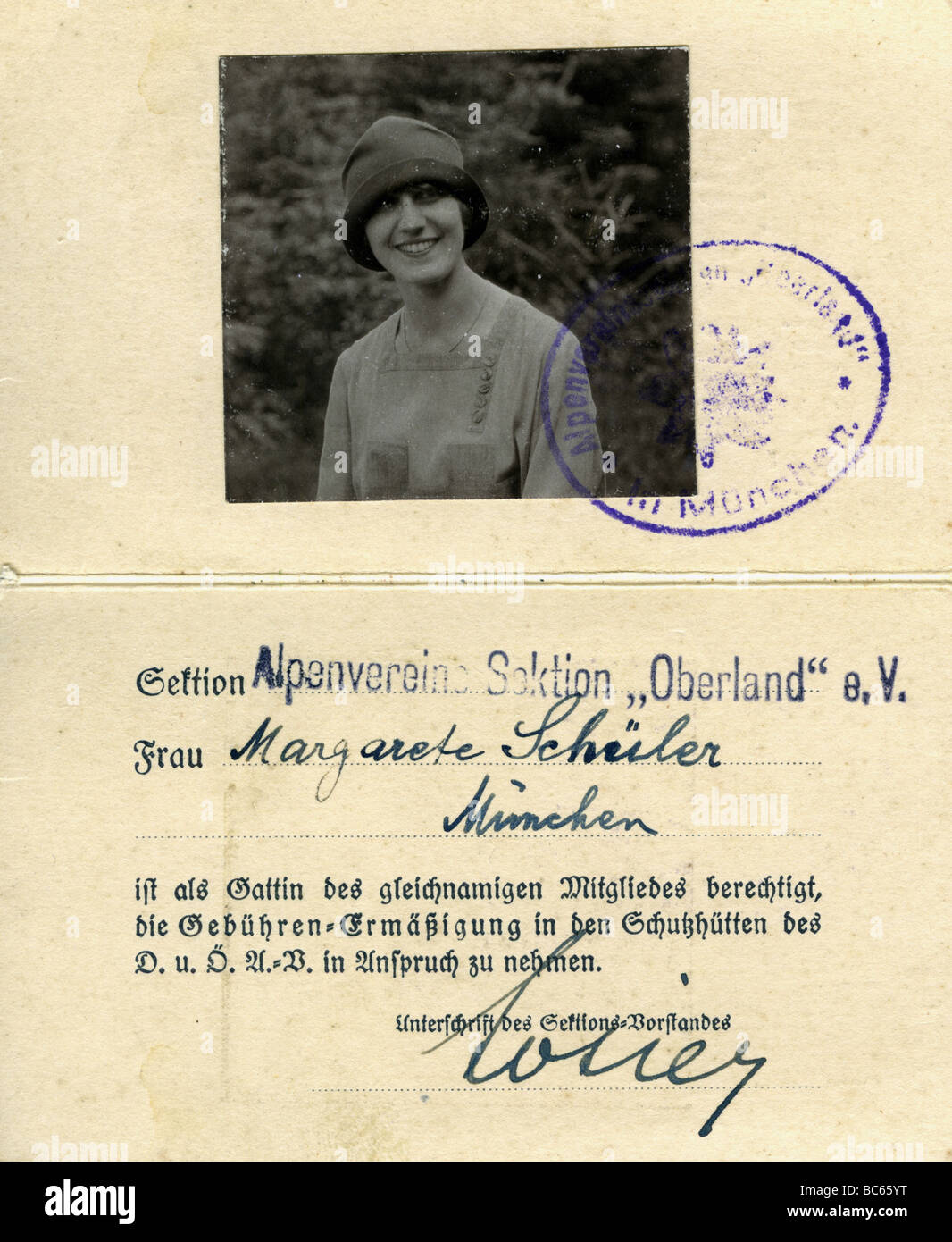 Alpinisme, clubs, Club alpin allemand et autrichien, section 'Oberland', carte des membres de Margarete Schueler, 1957, , Banque D'Images