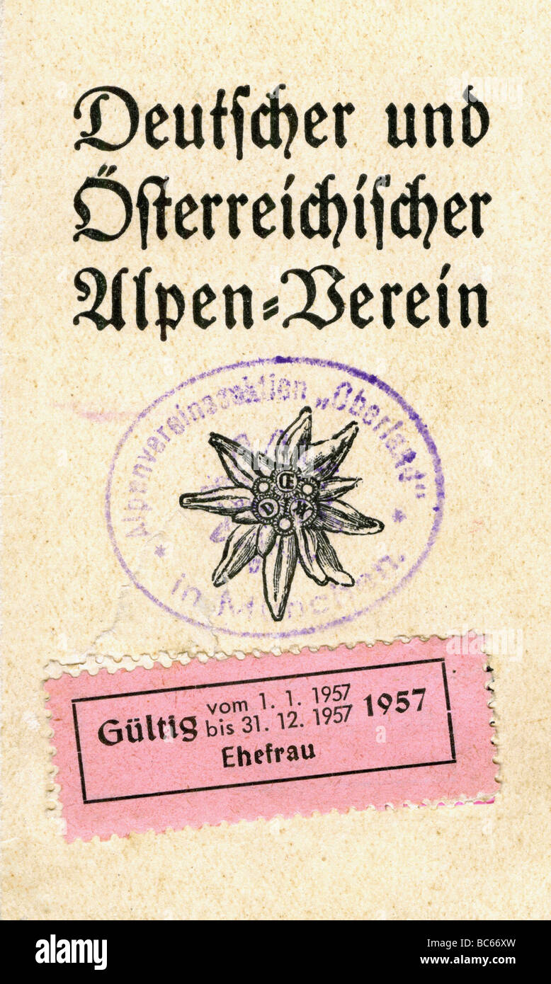 Alpinisme, clubs, Club alpin allemand et autrichien, section 'Oberland', carte des membres, 1957, Banque D'Images