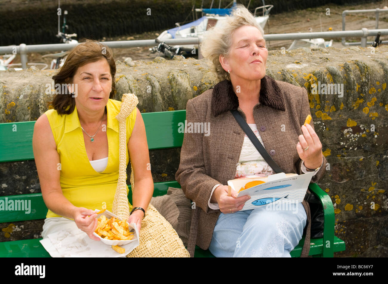 Excursionnistes profitant des fish and chips sur un banc Banque D'Images