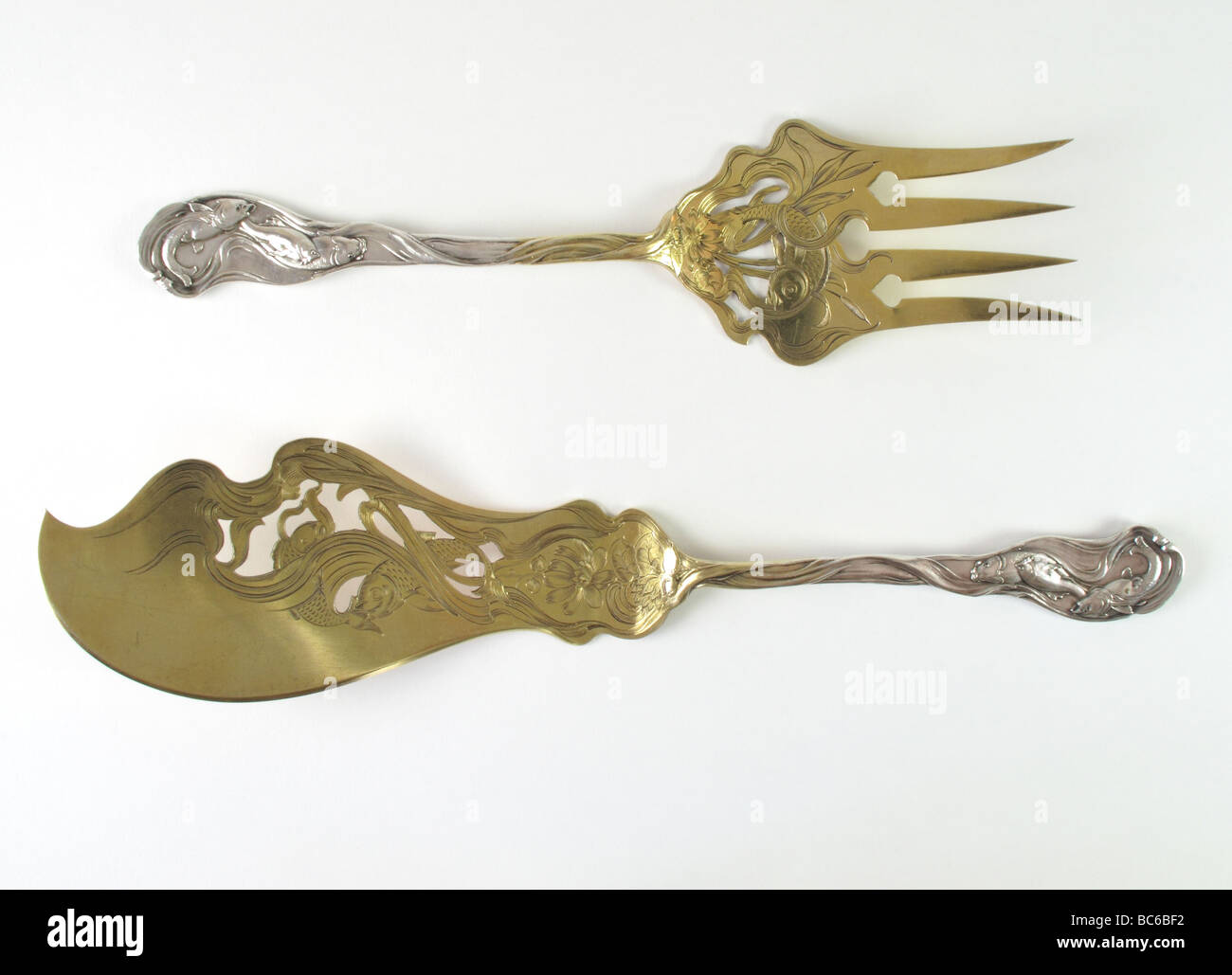 Art nouveau allemand antique silver fish serveurs par Bruckmann vers 1900 Banque D'Images