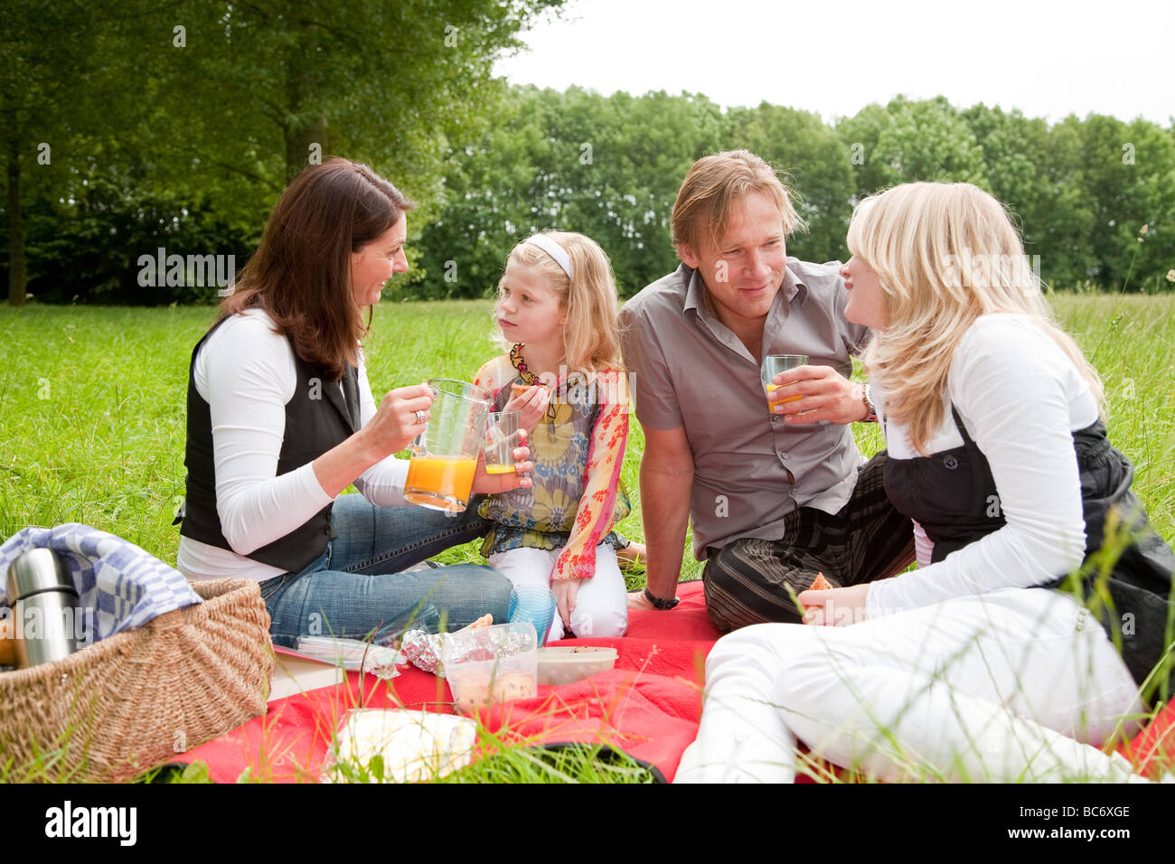 Jeune famille attrayant sur un pique-nique en plein air dans le domaine Banque D'Images