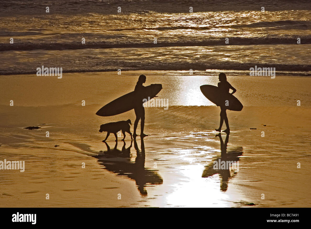 Sufers et un chien sur la plage au coucher du soleil, Bali Banque D'Images