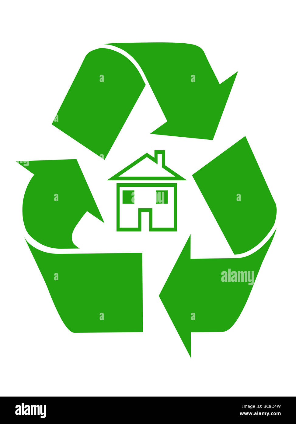 Intérieur vert symbole de recyclage maison isolé sur fond blanc Banque D'Images