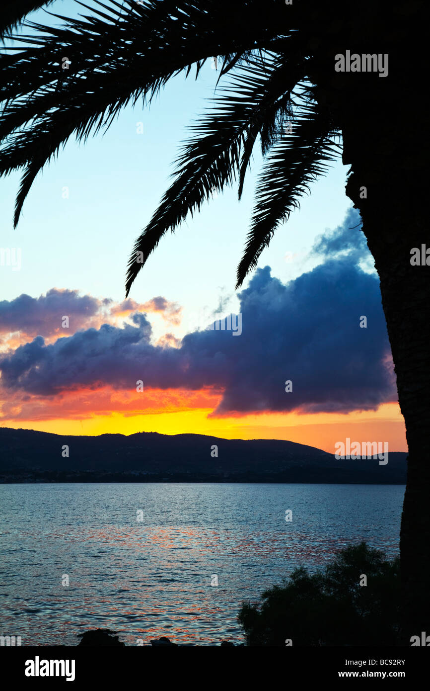 Coucher du soleil tombe sur Argostoli Céphalonie, île grecque, tropical sur le port, des palmiers Banque D'Images