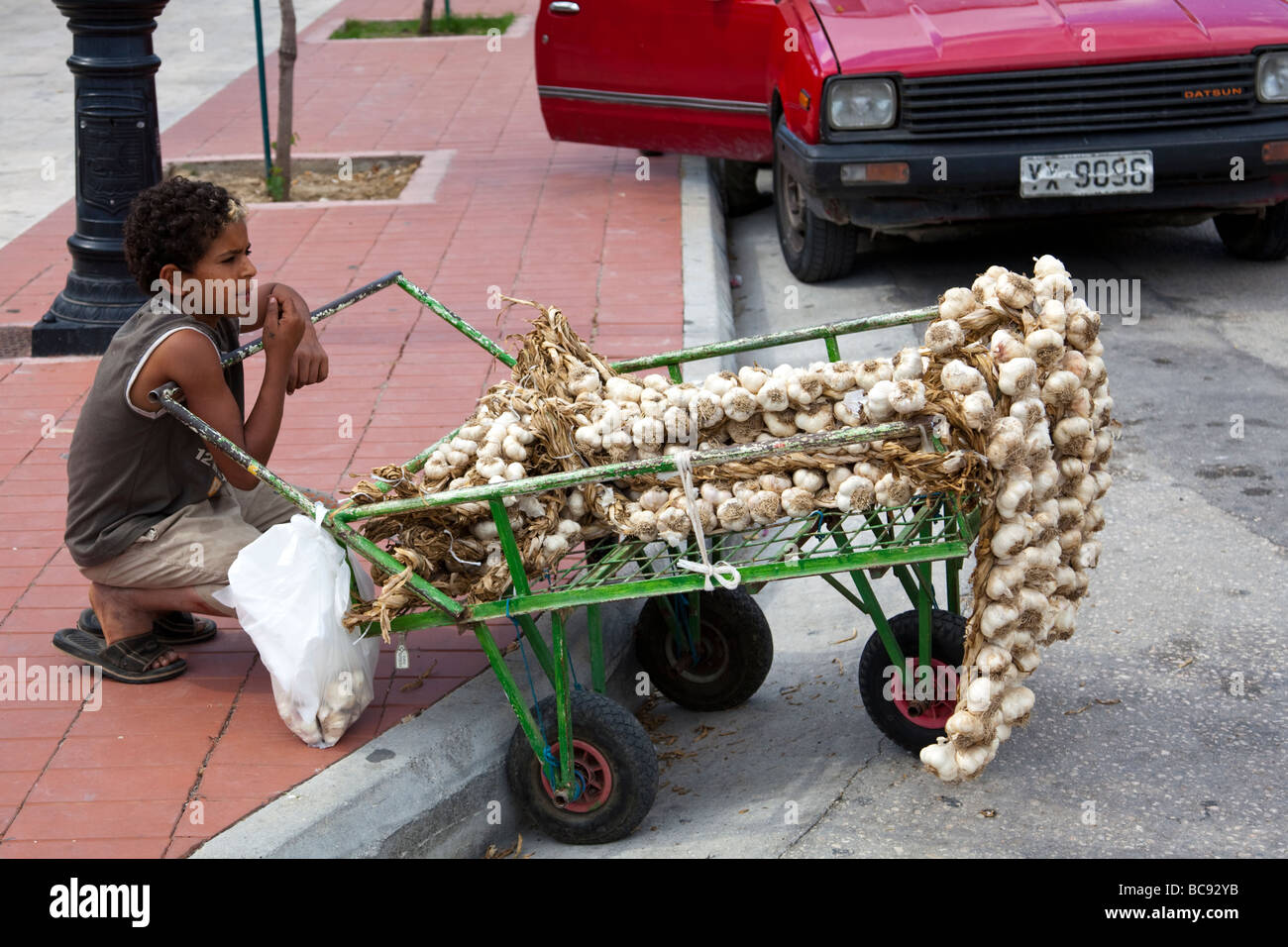 Jeune garçon à Argostoli Céphalonie, l'île grecque de vendre de l'ail à partir d'un panier pour les passants Banque D'Images