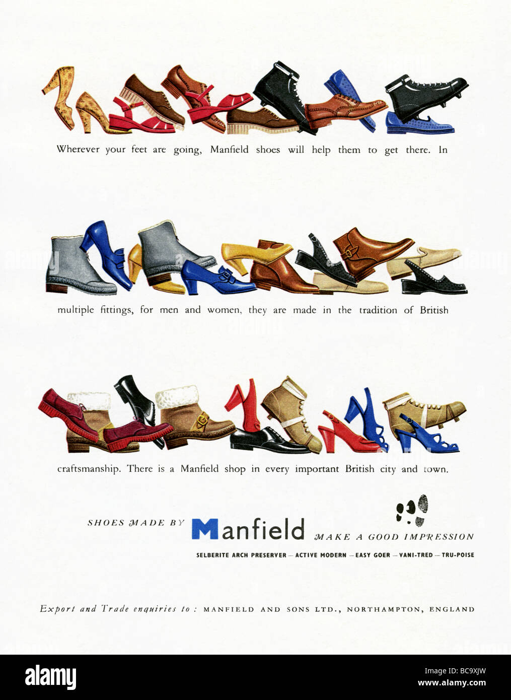 Couleur 1951 Publicité pour fabricant de chaussures Manfield, Northampton, Angleterre Banque D'Images