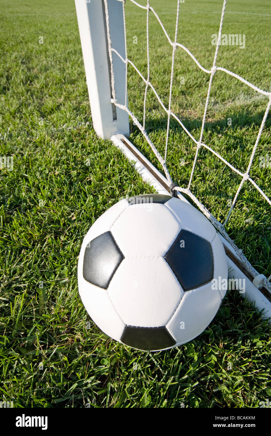Ballon de soccer dans le but net Banque D'Images