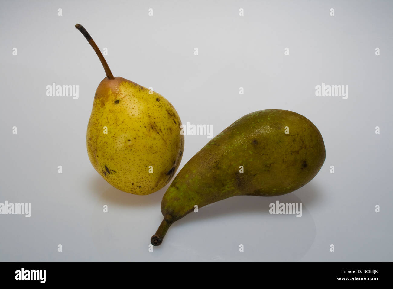 Deux vieilles poires, l'un jaune, un vert olive en studio sur un fond blanc. Banque D'Images