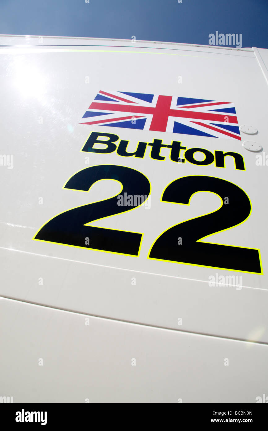 Close up du transfert sur la Brawn Motorsport trailer de No 22, Jenson Button, au Goodwood Festival of Speed, juillet 2009. Banque D'Images