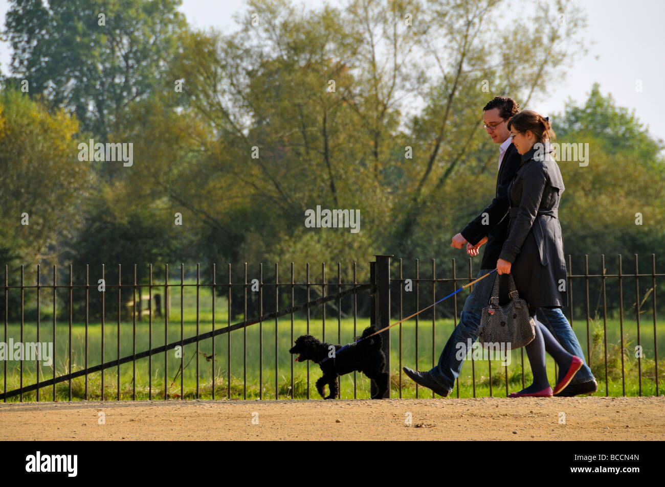 Couple walking with dog in park, Oxford, Angleterre Banque D'Images